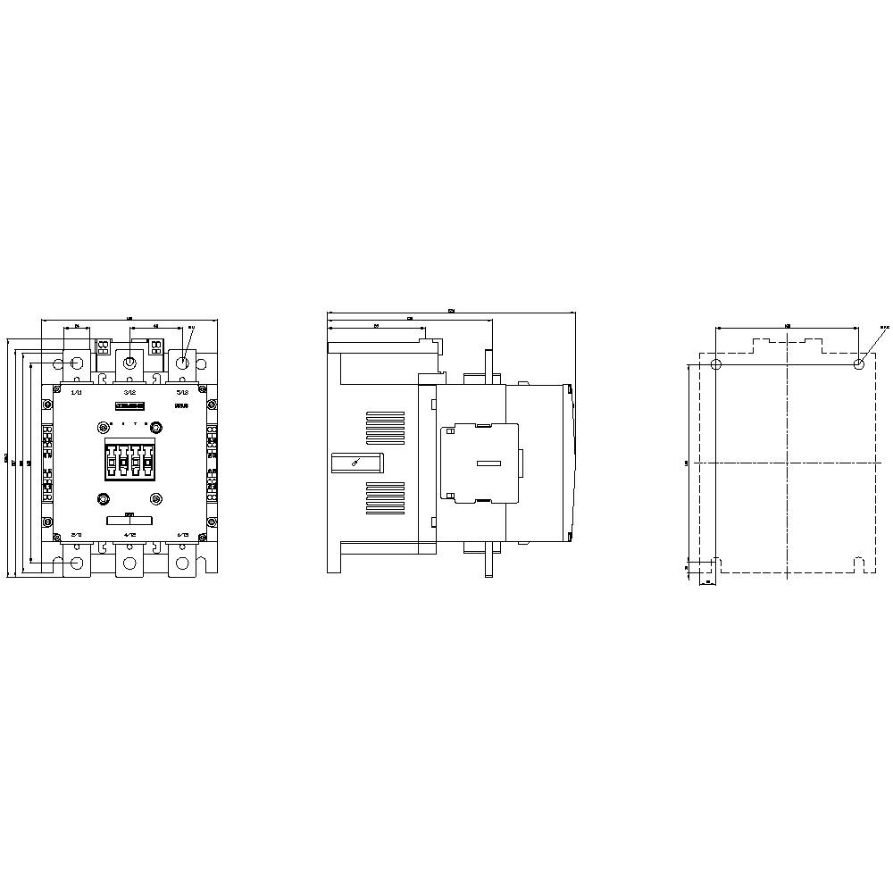 Technical drawing of an electrical switch with front, side, and top views. Shows details of internal and external components.