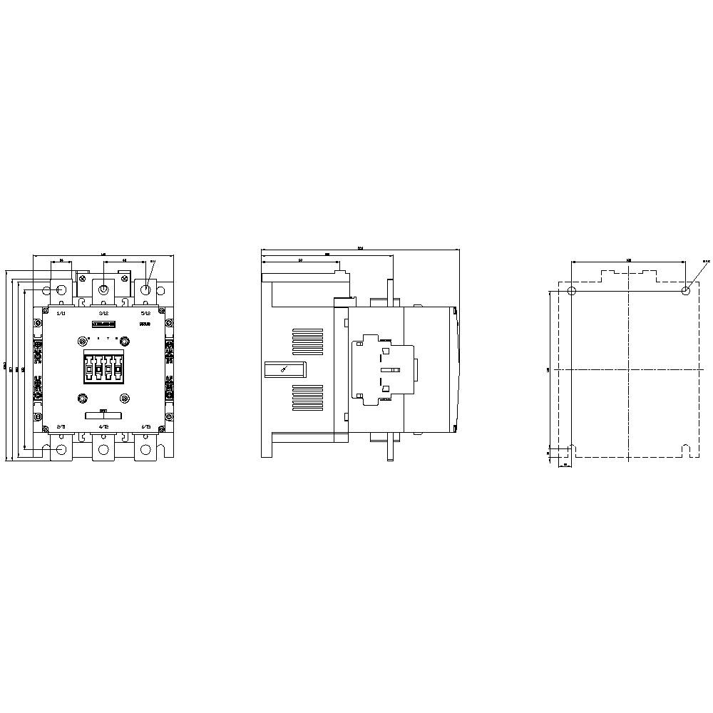 Technical drawing of an electrical switch. Front, side, and top views are depicted with technical details.