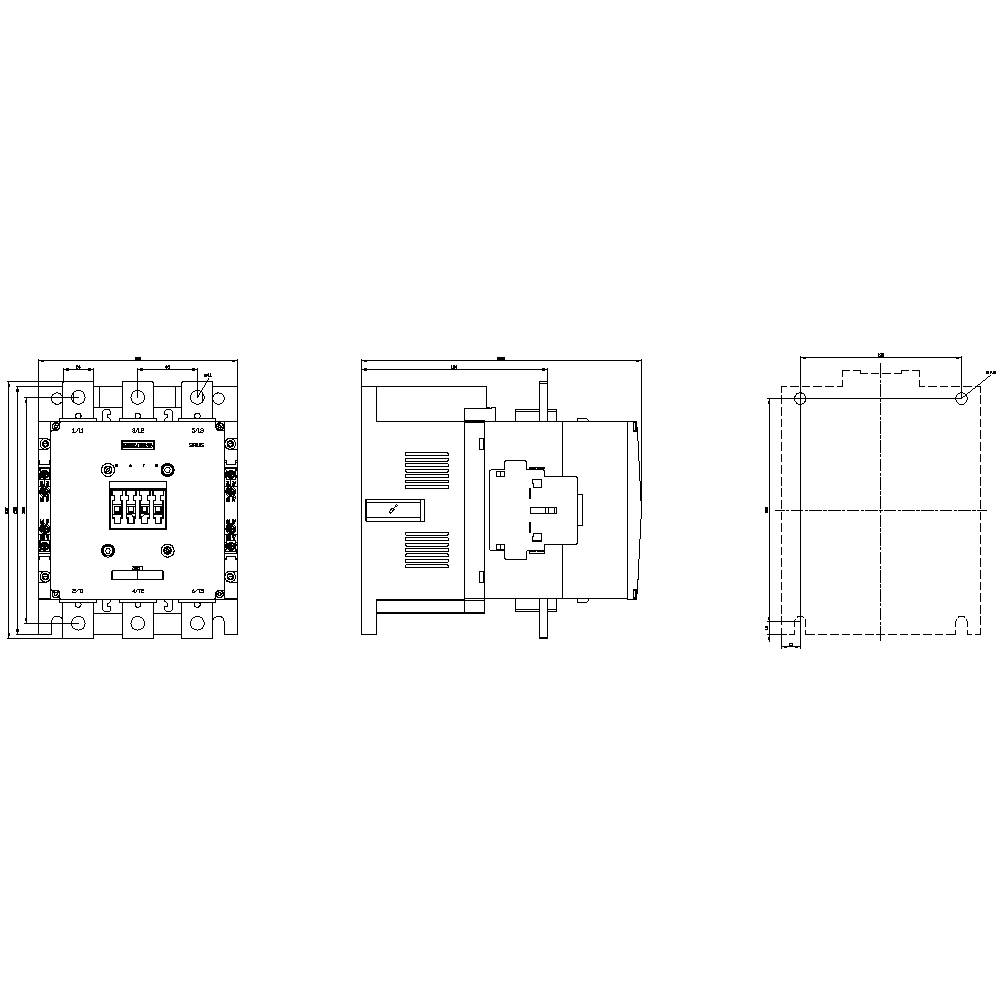 Technical drawings of an electrical contactor from various perspectives: front, side, and top view, with connection terminals.