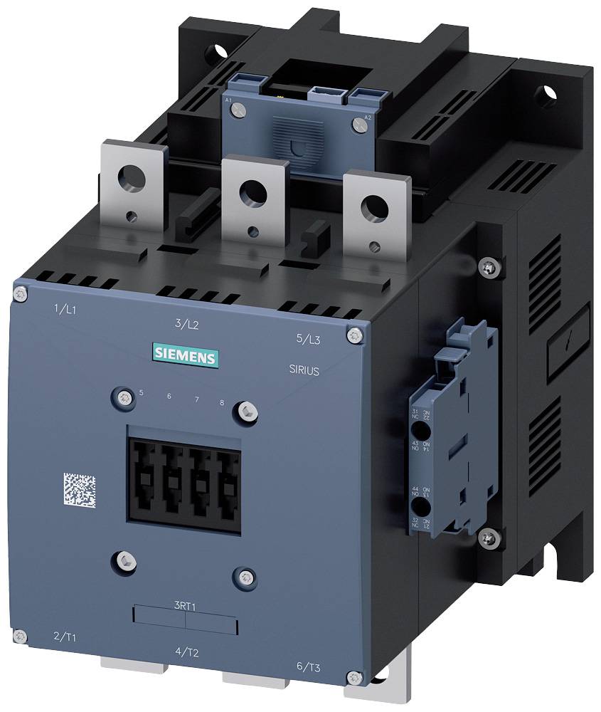A Siemens electric contactor, Sirius model, mounted with metal contacts and a blue front panel, for industrial switching applications.