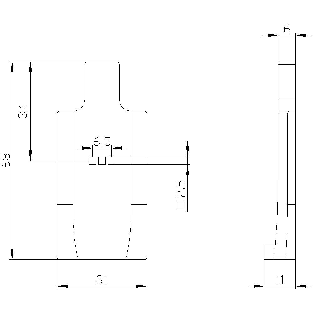 Technical drawing of a component with front and side view, contains dimensions 68x31 mm, detail dimensions of 6.5 mm and 2.5 mm.