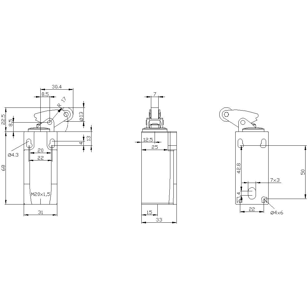 Technical drawing of a rectangular component with detailed dimensions and mechanical details. Side and front views visible.