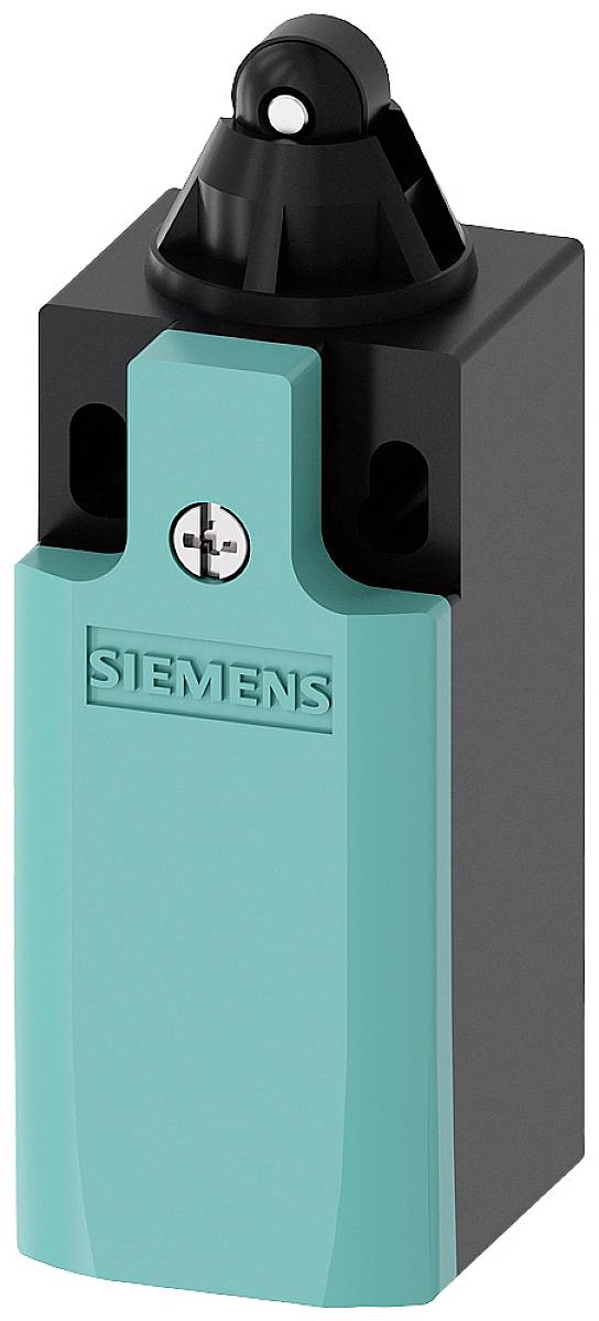 Industrial position switch by Siemens in turquoise and black, used for monitoring machine positions.