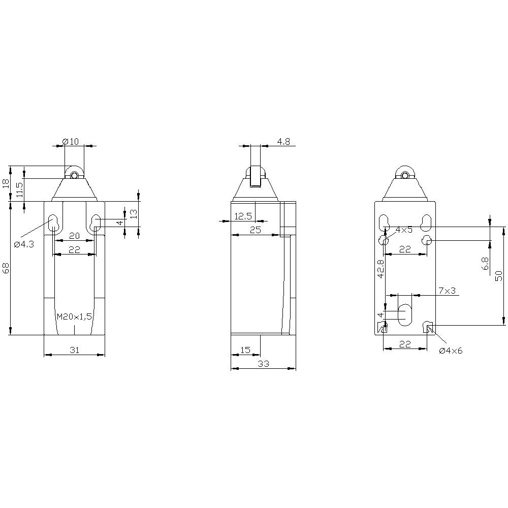 Technical drawing of a component with detailed dimensions and annotations. Shows front, side, and top view.