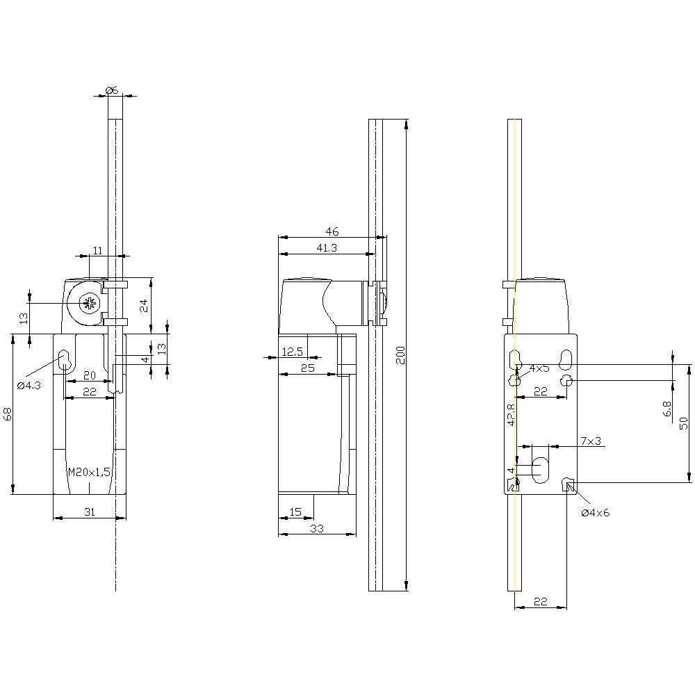 Technical drawing of a door lock with side, frontal and rear view, dimensional specifications and screw positioning.
