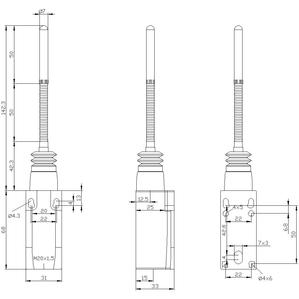 Technical drawing of a mechanical component with side views and dimensions. Key features and dimensions are labelled.