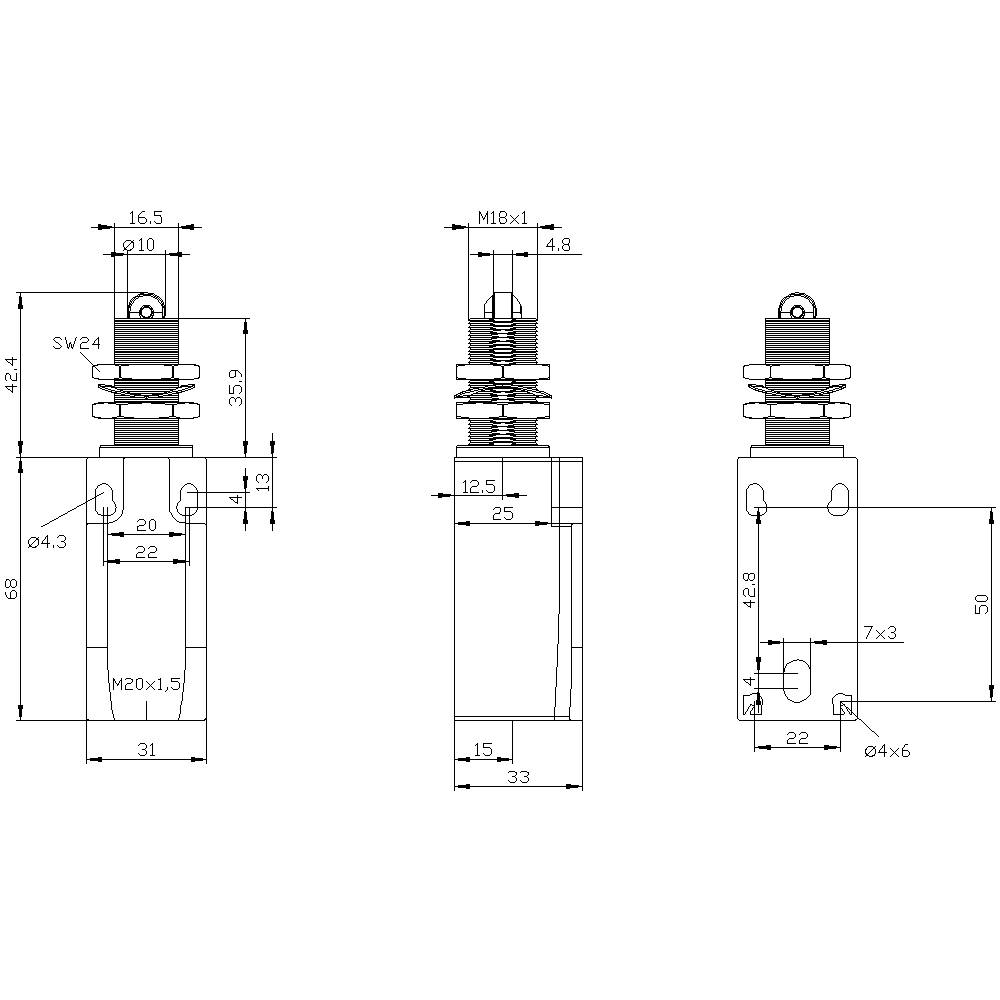 Technical drawing of a pneumatic cylinder with dimensions in three views: front view, side view, and top view.