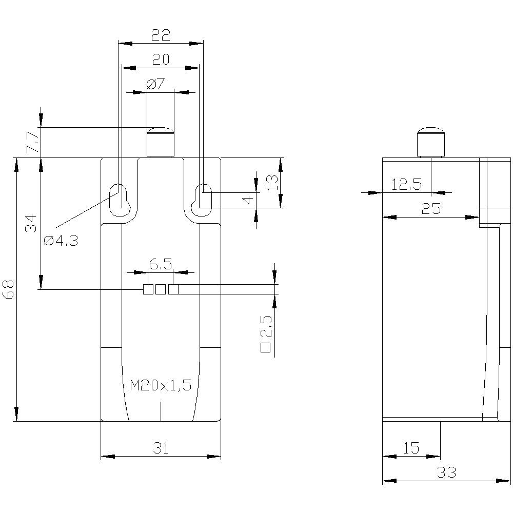 Technical drawing of a metallic component with multiple dimensional annotations. Front and side views show details such as dimensions and threads.
