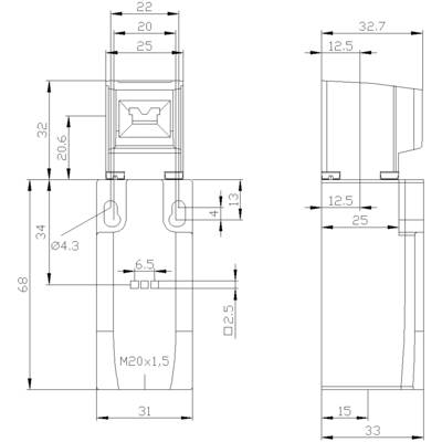 Technical drawing of a component with dimensions. Front and side views, detailed measurements and thread details are shown.