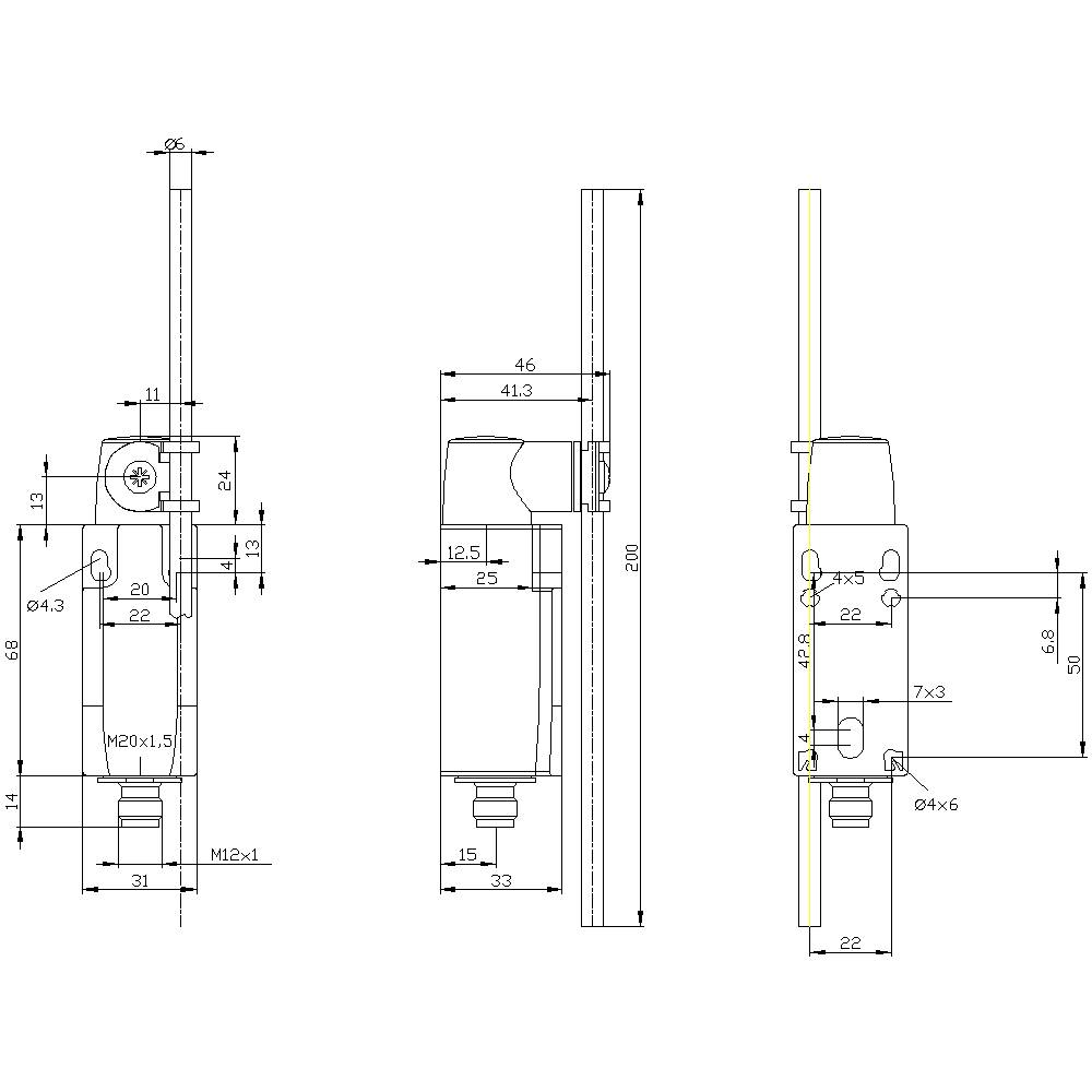 'Technical drawing of a mechanical part with various views: front view, side view, and top view, including dimensions and thread specifications.'