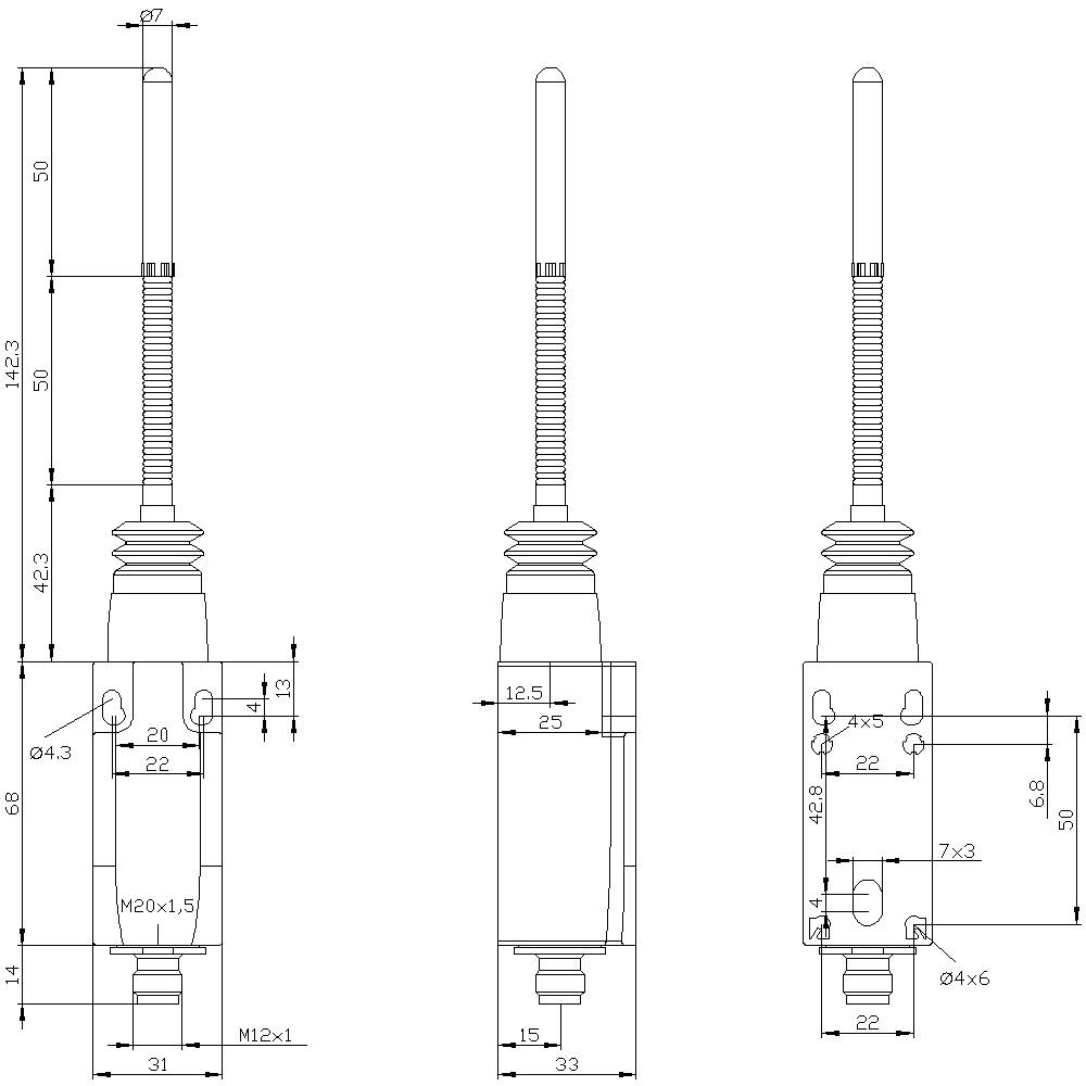 Technical drawing of a long sensor with dimensions. Shows front, right, and top views. Includes diameter and length specifications.