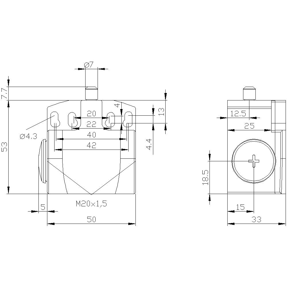 Technical drawing of a component with dimensions: Width 50mm, Height 53mm, Depth 33mm. Hole diameter 7mm at the top, Thread M20x1.5.