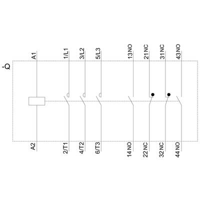 Circuit diagram of a control command switch: shows connections and contact designations A1, A2, 1/L1, 3/L2, 5/L3, 2/T1, 4/T2, 6/T3, 13 NC, 14 NO, 22 NC, 32 NC, 31 NC, 43 NO.