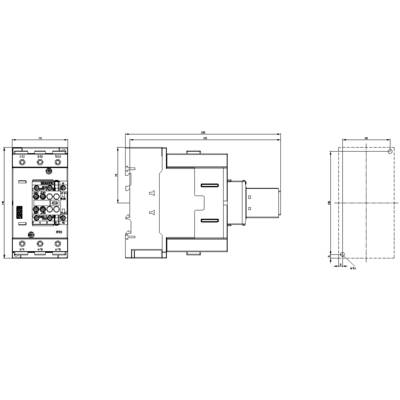 Technical drawing of an electrical component with side and front views. Shows connections and dimensions of the component.