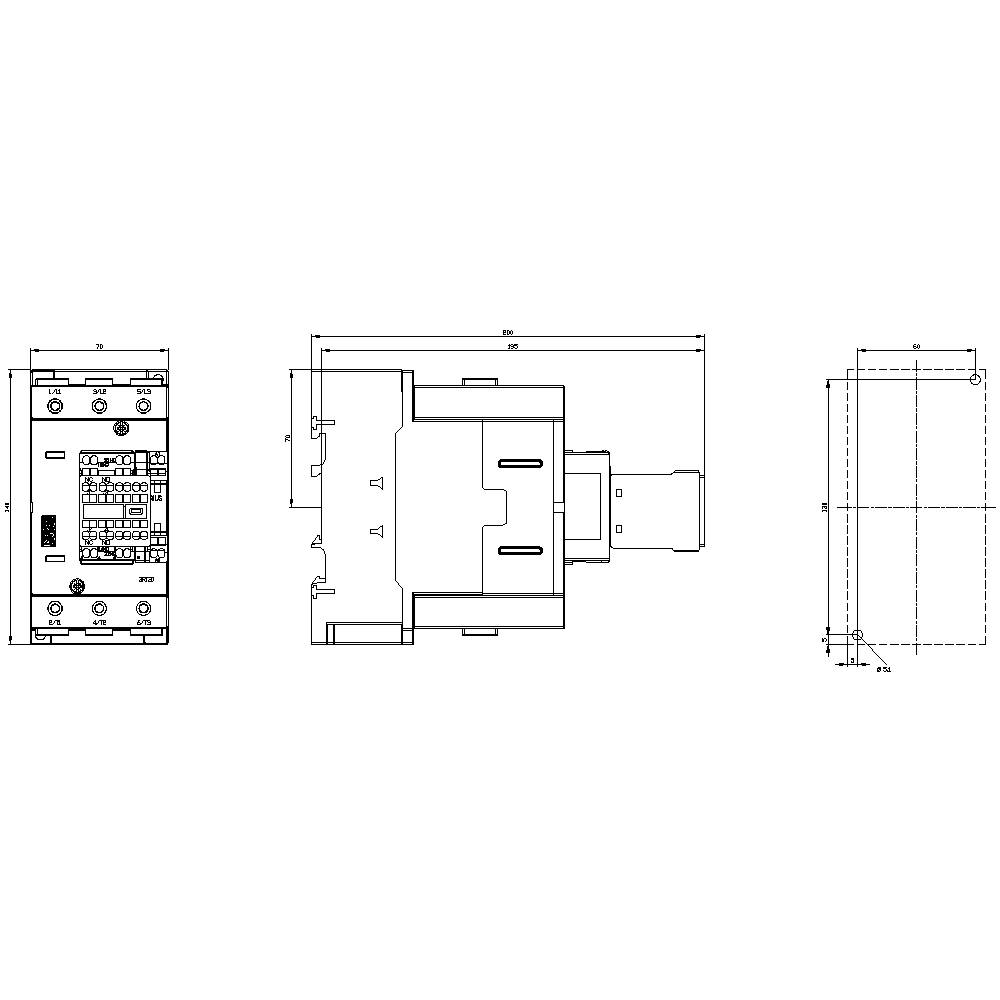 Technical drawing of an electronic component from three perspectives: front, side, and top view, with dimensional measurements.