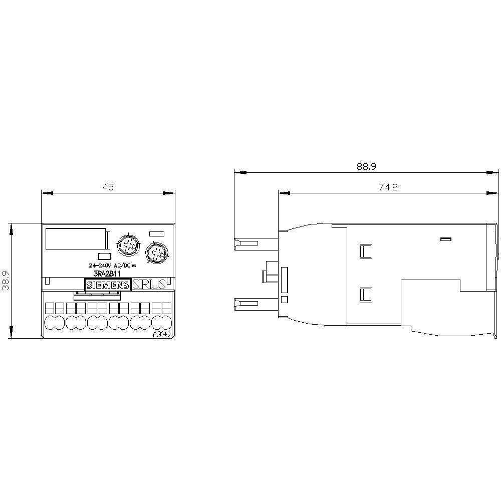 Technical drawing of an electronic device with dimensions 45 x 88.9 x 74.2 mm. Shows front and side views with connection details.