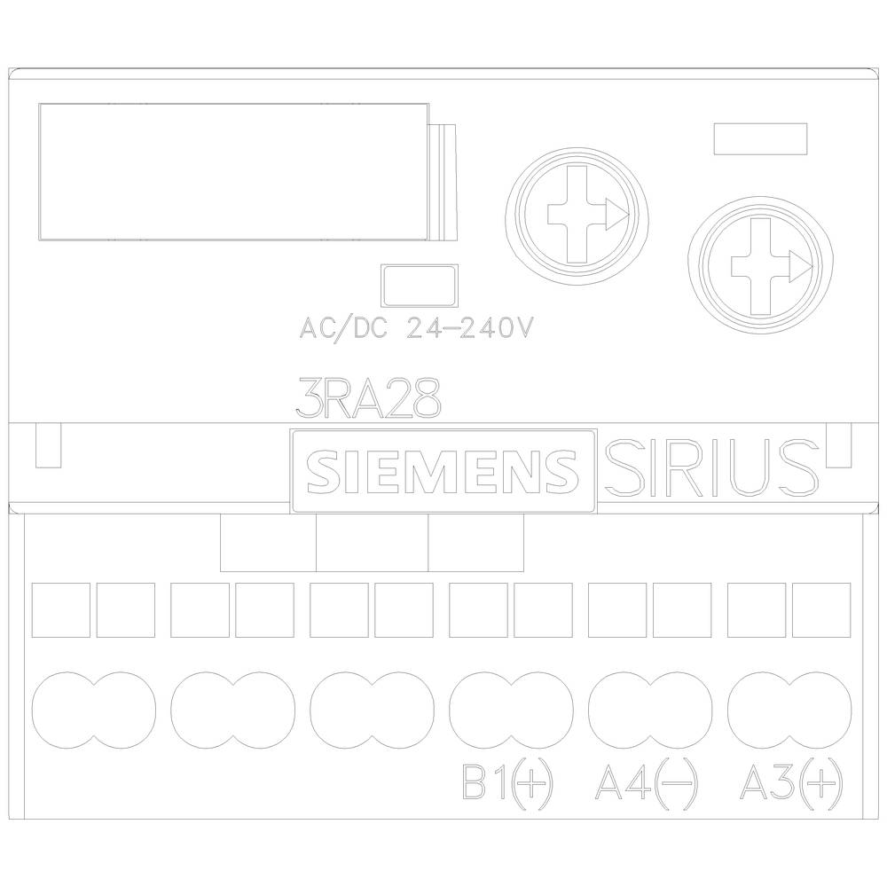 A Siemens SIRIUS switching device, model 3RA28, for voltages of AC/DC 24-240V. Shows switching buttons and connection terminals.