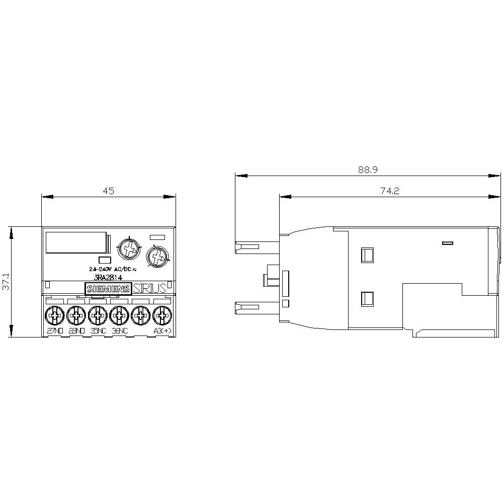 Technical drawing of a protection module with dimensions: width 88.9 mm, depth 45 mm, height 74.2 mm. Front view shows terminals.