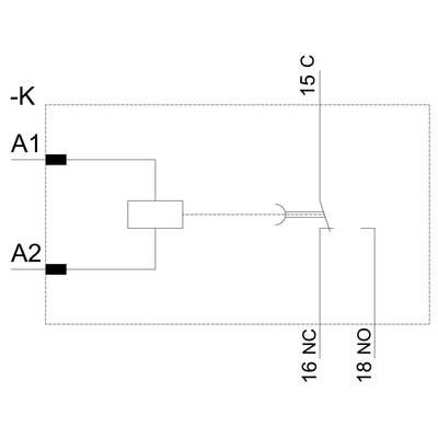 'Schematic diagram of a relay. On the left, two coil terminals A1, A2. On the right, a changeover switch with contacts 15 C, 16 NC, 18 NO.'