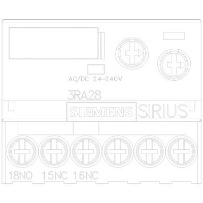 'Siemens SIRIUS 3RA28' switching device, illustration with electrical connections and voltage range 'AC/DC 24-240V'.