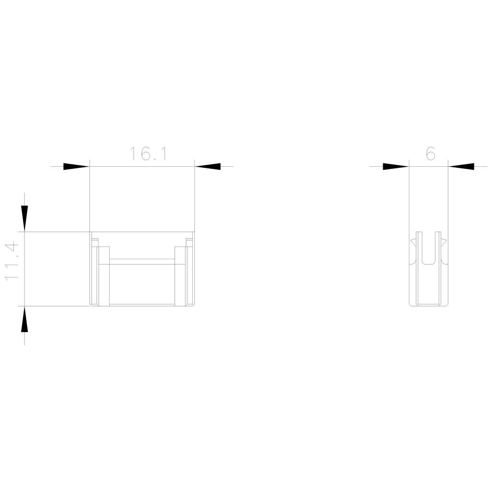 Technical drawing of a rectangular object with dimensions: Width 16.1 mm, Height 11.4 mm, Depth 6 mm, Side view and Front view.