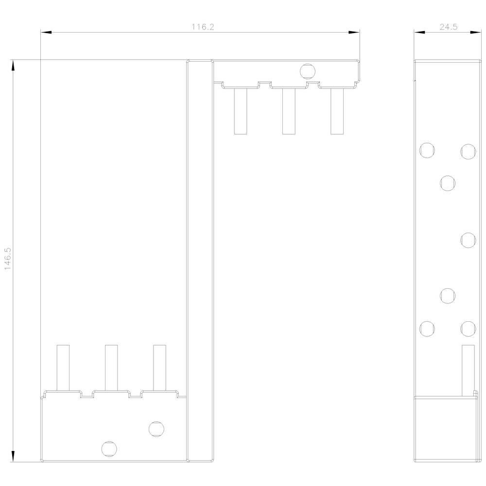 Technical drawing of a component with dimensions: Width 116.2 mm, Height 164.5 mm. Contains drill holes and plug connections.
