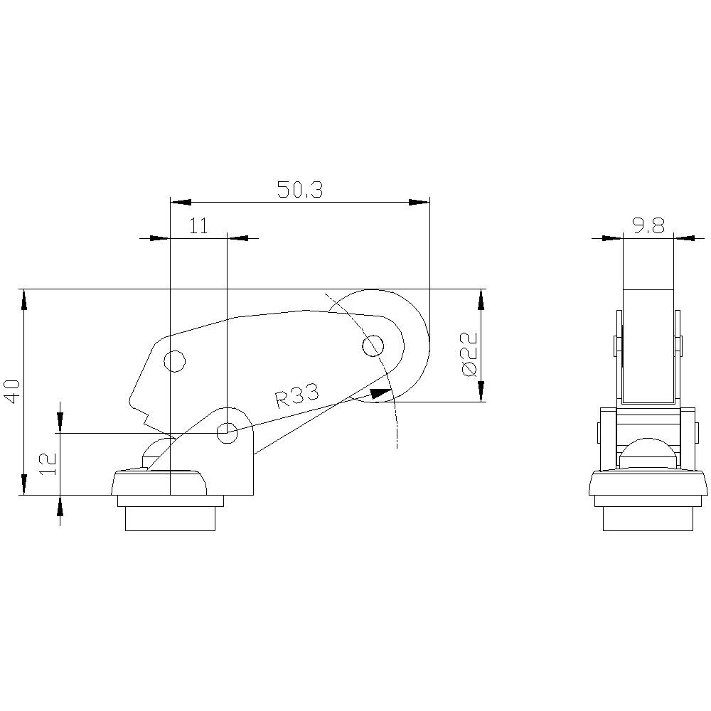 Technical drawing of a hinge with detailed dimensions, including angle and length specifications. Dimension lines are clearly illustrated.