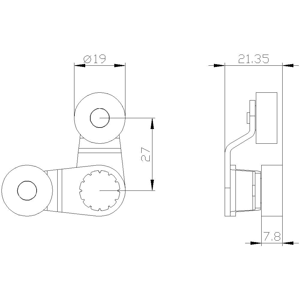 Technical drawing of a mechanical component with two views. Dimensions: Diameter 19 mm, Height 27 mm, Width measurements 21.35 mm and 7.8 mm.