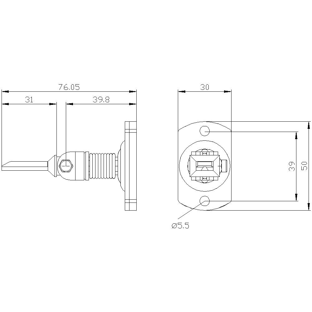 Technical Drawing of a Furniture Lock with Dimensions: Total Length 76.05 mm, Width 50 mm, Height 39 mm, Hole Diameter 5.5 mm.