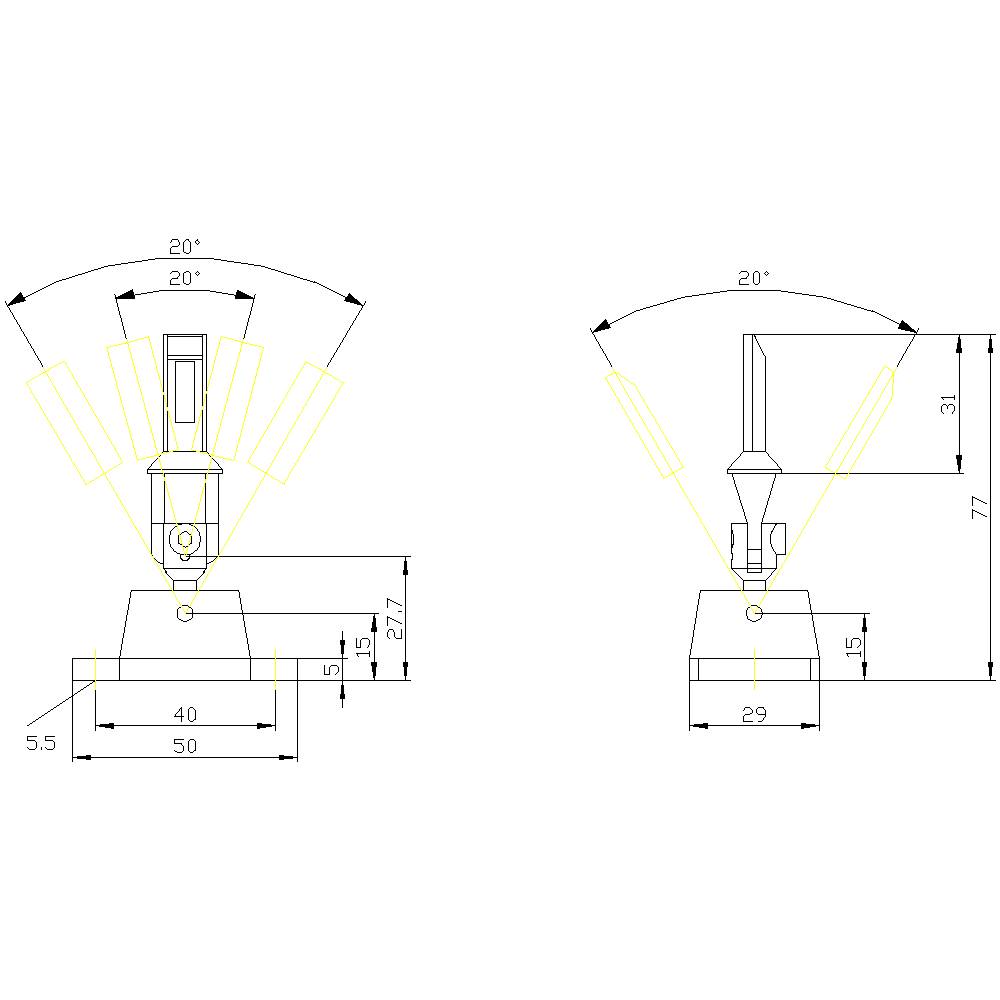 Technical drawing of two components with dimensions: width 50 and 29, height 77, angle 20°. Details such as height and distances are specified.