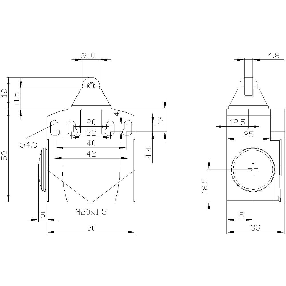 Technical drawing of a cylindrical component with multiple dimensions and annotations. Front and side views are shown.