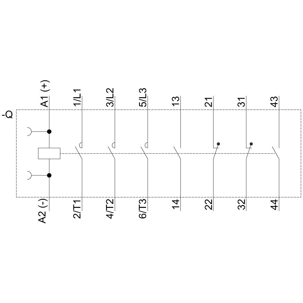 Circuit diagram of a power contactor with connections A1, A2 for the coil and the main current paths 1, 3, 5, 13, 23, 33, 43.