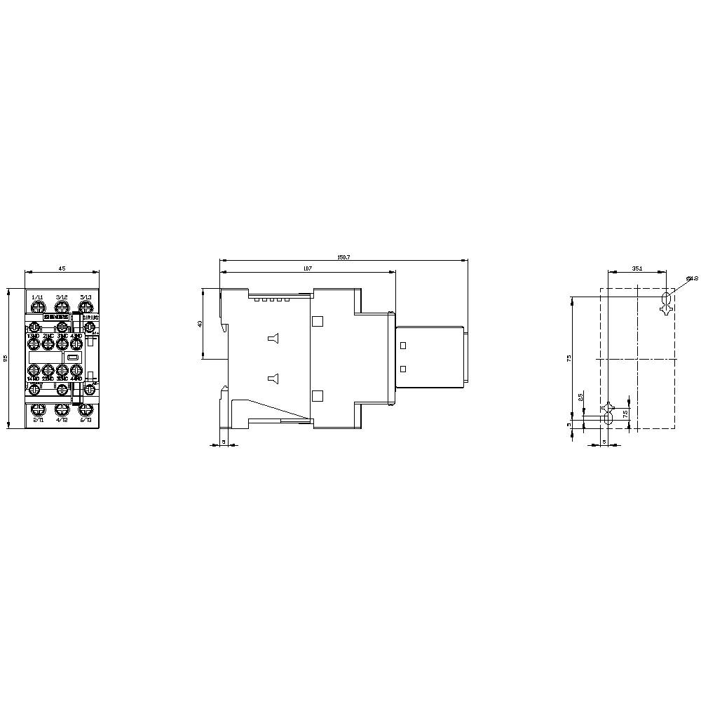 Technical drawing of an electrical relay with front, side, and top view. Dimensions and connection details are shown.