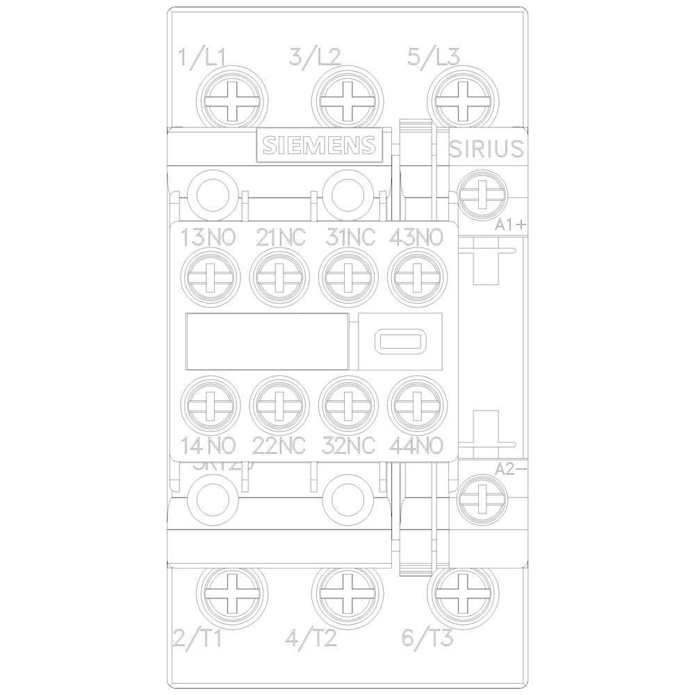 Technical drawing of a Siemens contactor with connections and labels 'SIRIUS', 'A1+', 'A2-', '13NO', '14NO', '21NC', '22NC', etc.