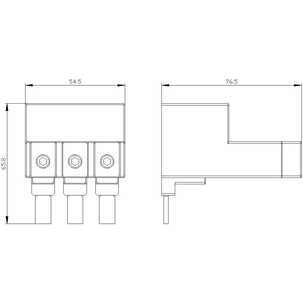 Technical Drawing of an Electrical Socket Outlet with Dimensions: Height 65.8 mm, Width 54.5 mm, Depth 76.5 mm. Three Connections at the Bottom.