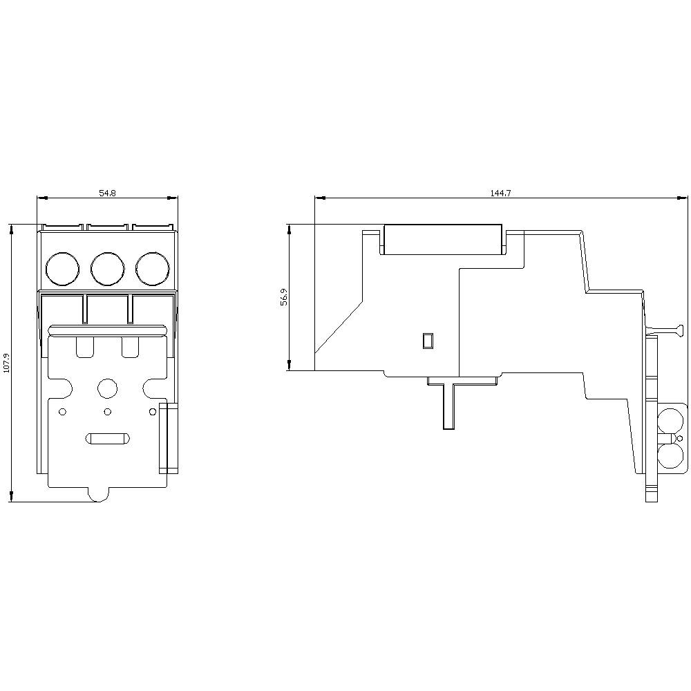 Technical drawing of a rectangular enclosure with dimensions. Front view shows circular cutouts, side view shows profile contour. Dimensions: 54.5 mm width, 146.7 mm depth, 50.5 mm height.