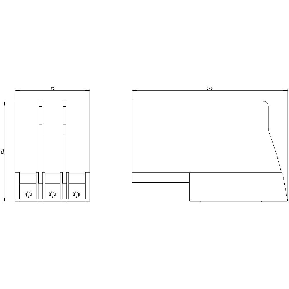 Technical drawing of an object with dimensions of 70 mm width and 146 mm length, with detailed side view.