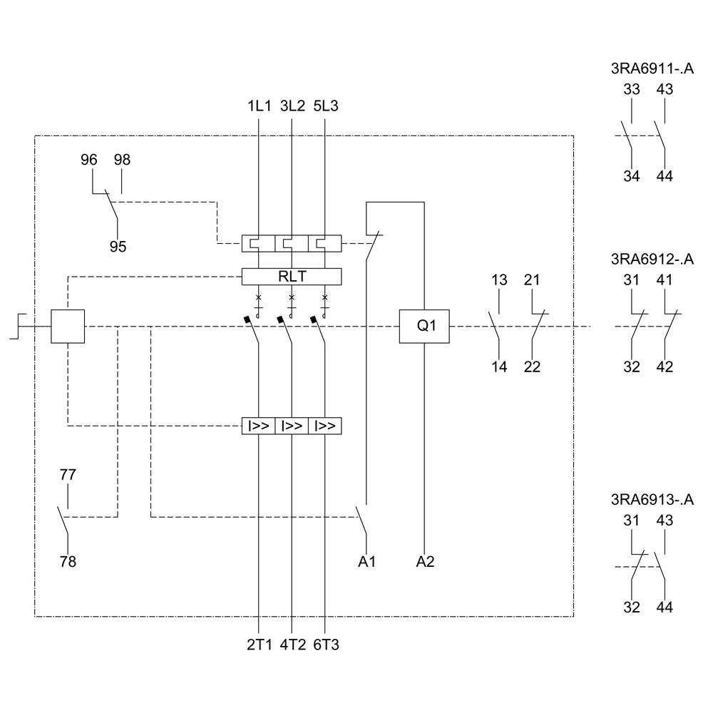 Circuit diagram of an electrical circuit with symbols and labels for various components, including '3RA6911-A' and '3RA6913-A'.