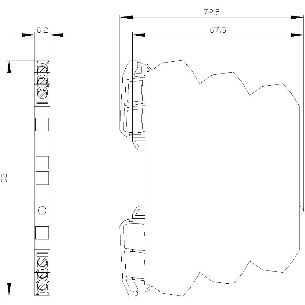 Side view of a technical drawing of a component with dimensions: height 93mm, width 72.5mm, depth 6.2mm.