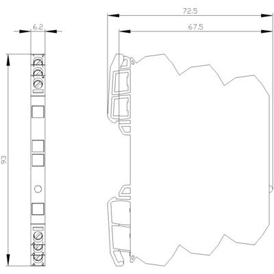 Technical drawing of an electrical component. Shows side and front view with dimensions: 93 mm high, 72.5 mm wide.