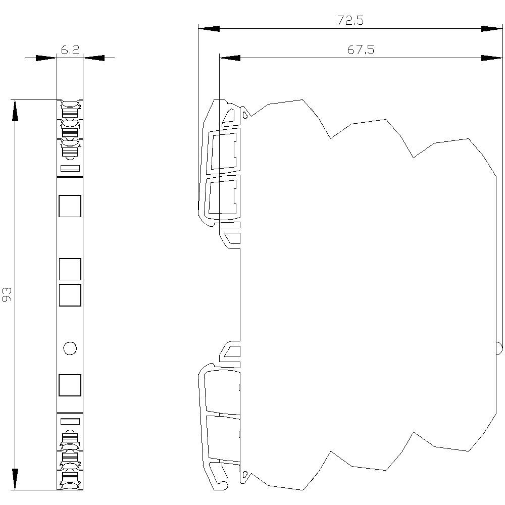 Technical drawing of an electronic component with two views. Dimensions: 93 mm high, 72.5 mm wide, 67.5 mm deep.