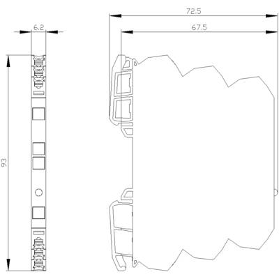 Technical drawing of an electrical device with dimensions of 93 mm height and 72.5 mm width. Shows side view and detailed view.