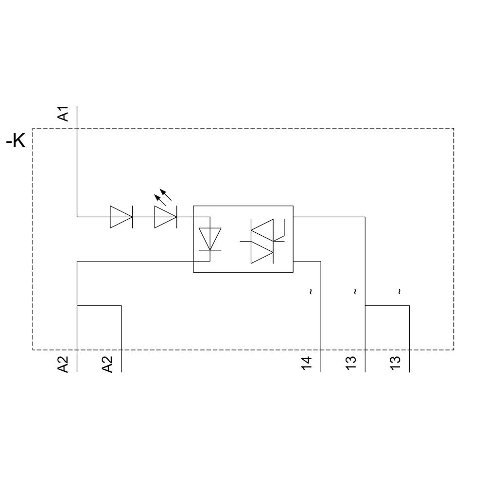 'Block diagram of a switch with LED and resistor. The circuit diagrams contain connections to A1, A2, 13 and 14.'