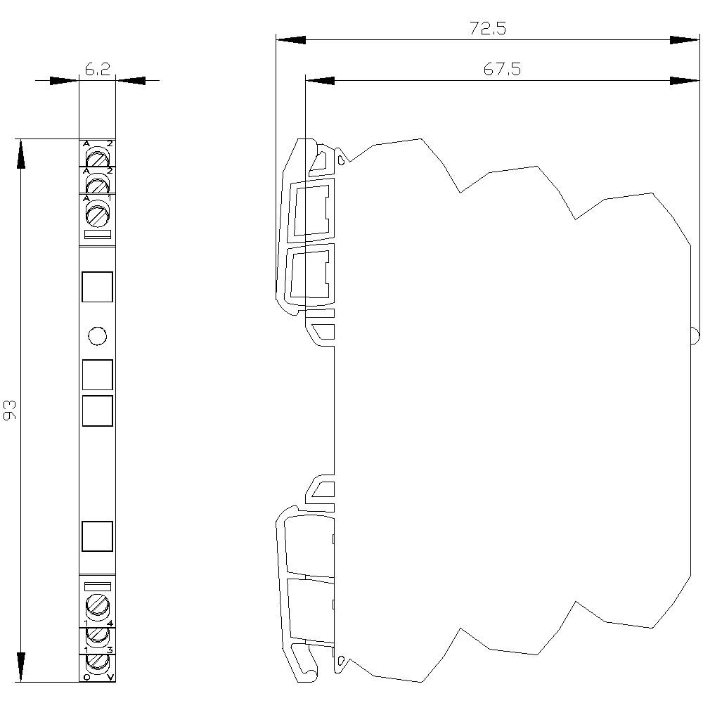 Technical drawing of an electrical component with dimensions: Height 93 mm, Depth 6.2 mm, Width 72.5 mm, underneath 67.5 mm.