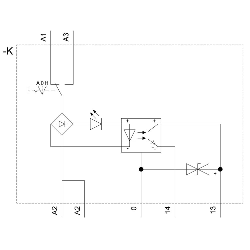 Circuit diagram with bridge rectifier, two LEDs, an optocoupler and connections A1, A2, A3, 0, 13, 14 within an area -K.