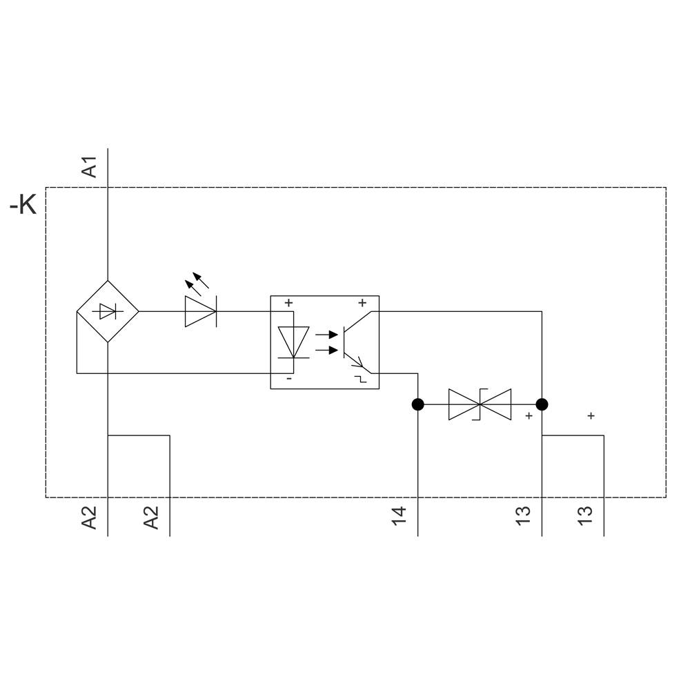 Circuit diagram of an electronic component with a diode, a transistor, and resistors. Connections A1, A2, 13, 14 labelled.