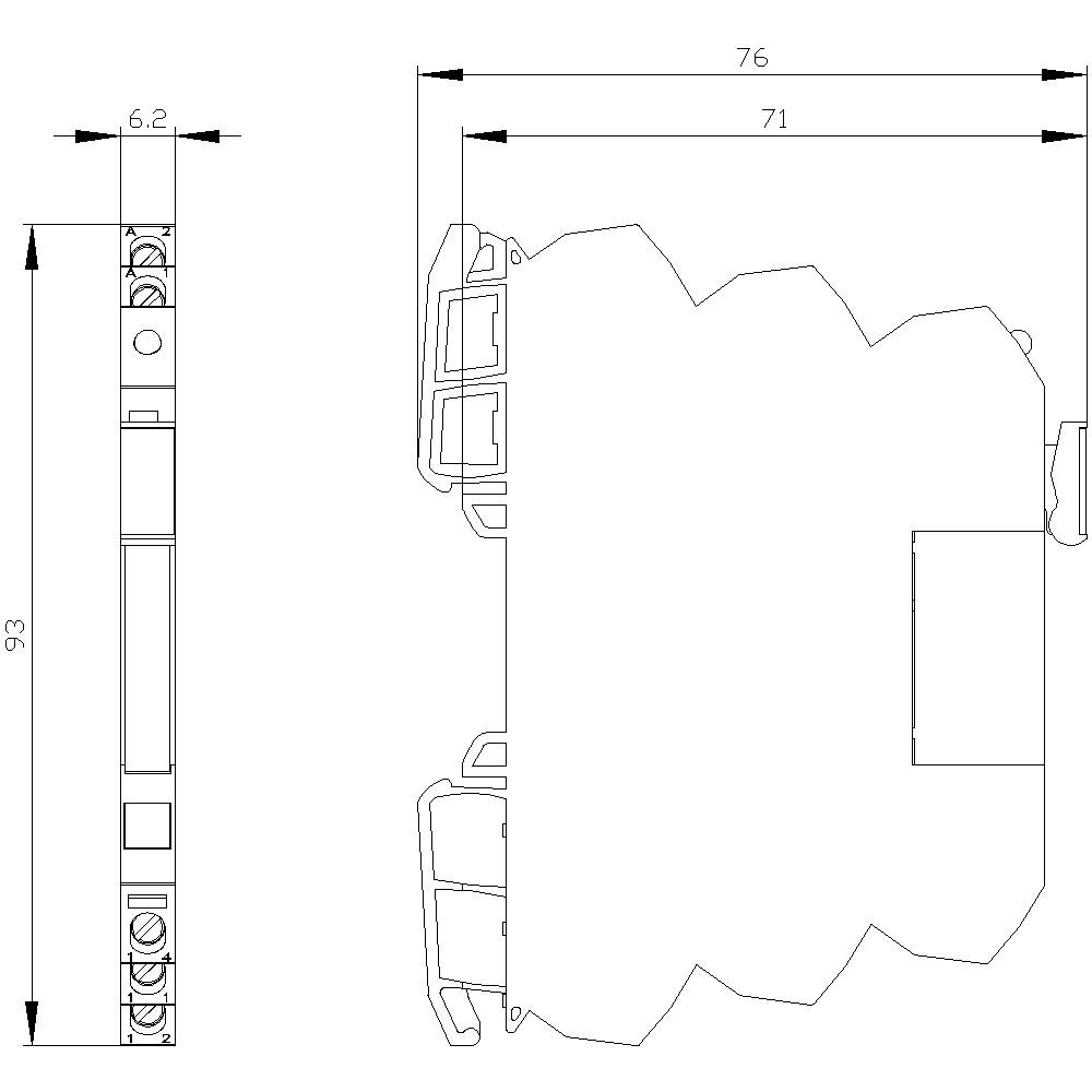Technical drawing of a rectangular device with dimensions: Width 76 mm, Height 93 mm, Depth 6.2 mm. Side and front view.