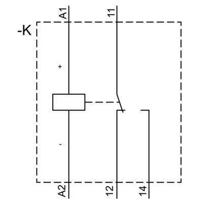 Circuit diagram of a relay: Rectangular box with terminals A1, A2, 11, 12, and 14. Representation of internal switching contacts.
