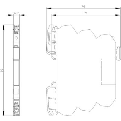 Technical drawing of a rectangular part with side view and cross-section. Dimensions: 93 mm high, 76 mm wide.