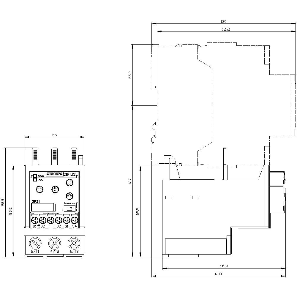 Technical drawing of an electrical relay, showing two views with dimensions in millimetres. Width 55 mm, depth 121 mm.